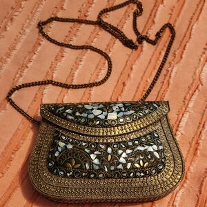 Gold / Brass / Mother Of Pearl Crossbody Bag with Intricate Filigree Design